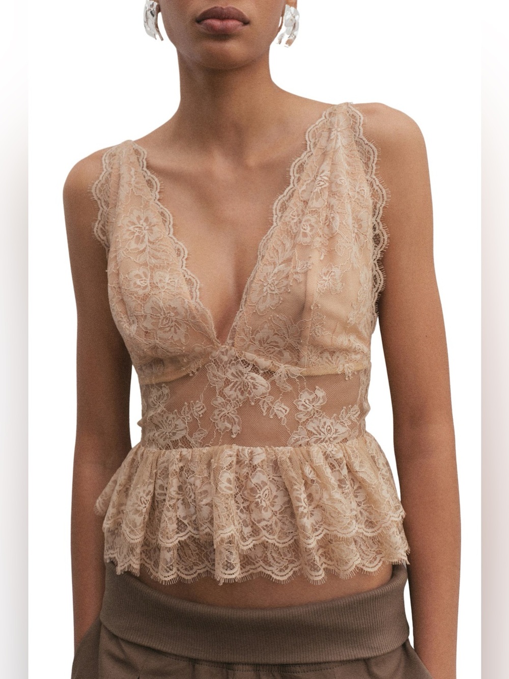 Mango Amor Plunge Neck Ruffle Trim Lace Top in Light Beige